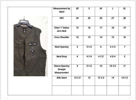 ambush size chart.